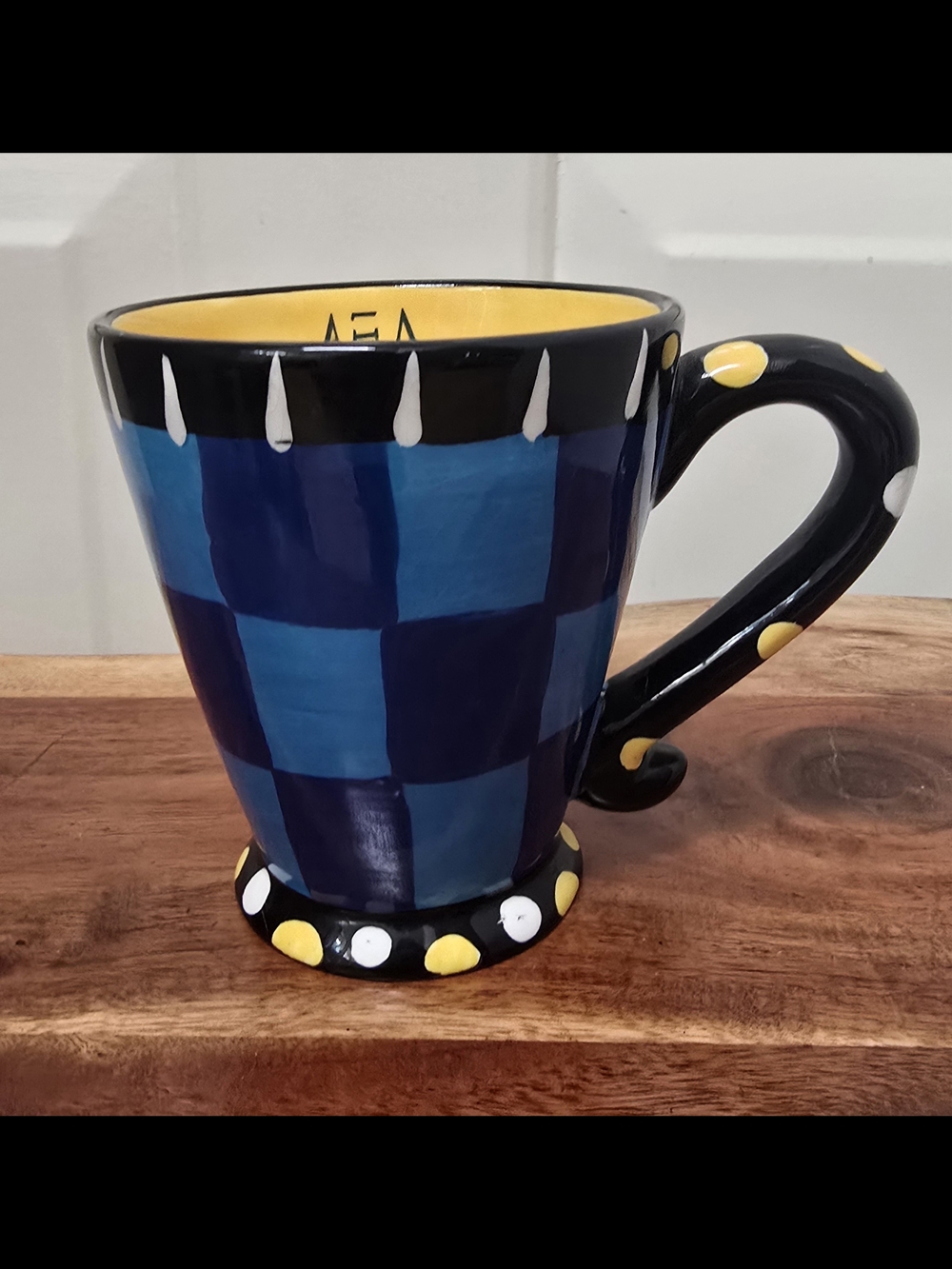 Hand-Painted Blue Check Ceramic Mug with Yellow Interior